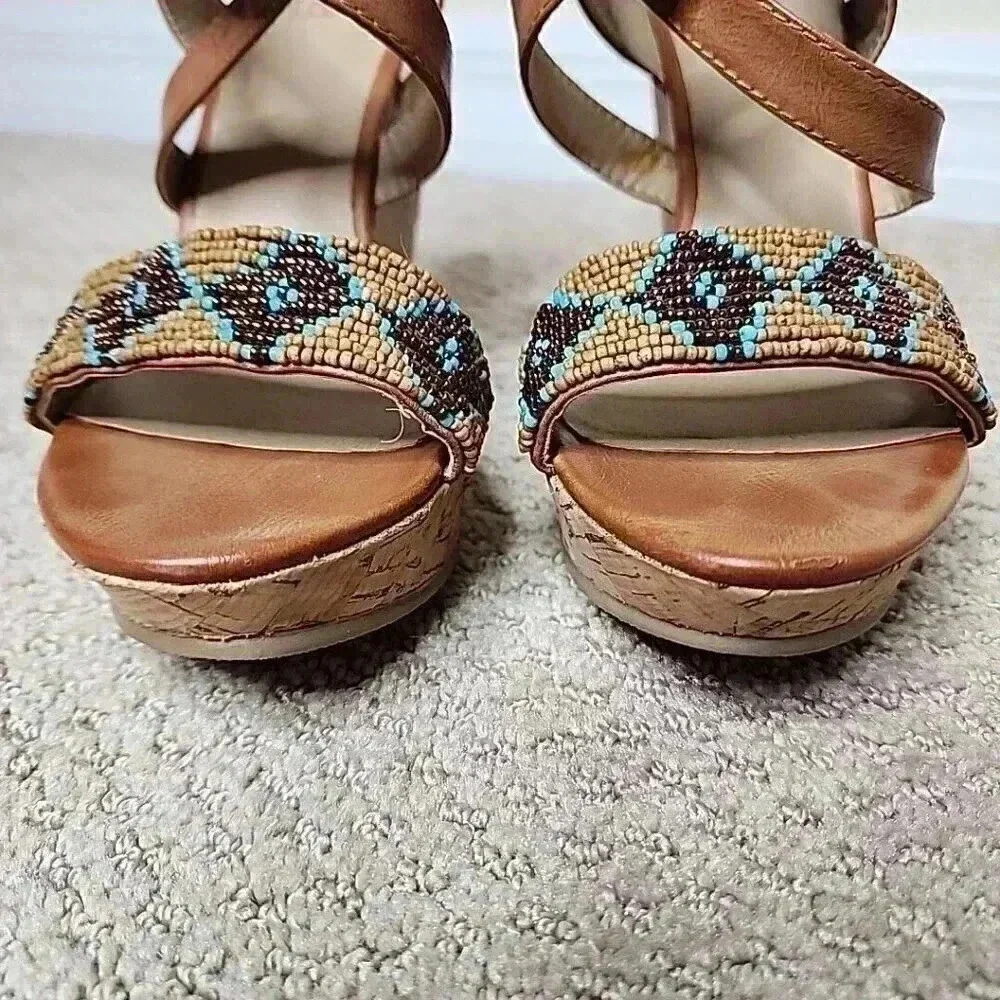 A.N.A‎ A NEW APPROACH BEADED WEDGE SANDALS Heels Brown Blue Cork 7.5 Boho resort